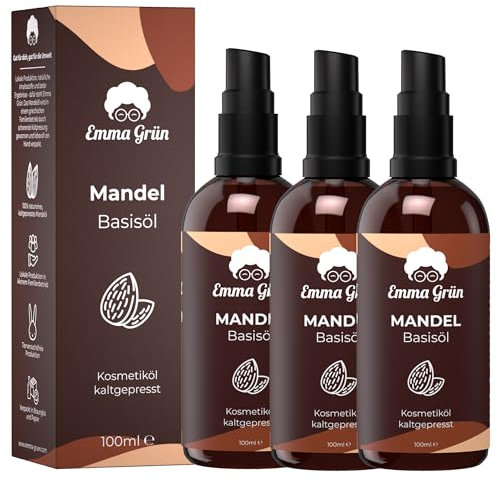 Emma Grün® Bio Mandelöl Kaltgepresst 3x 100ml [100% REIN] - Mandel Öl für Haut, Haare & Babypflege - Clean Almond Oil - Mandel Kosmetiköl für Haarspitzen & Massage - Kaltgepresstes Basisöl