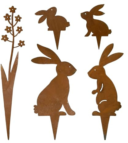 5er Set Gartenstecker Ostern, Gartens-tecker Rost Aus Metall, Wetterfest Osterhase Deko Blumenstecker Gartenstecker FrüHling, Hasen Deko FrüHling Osterdeko Outdoor FüR Advent, Garten, Terrasse