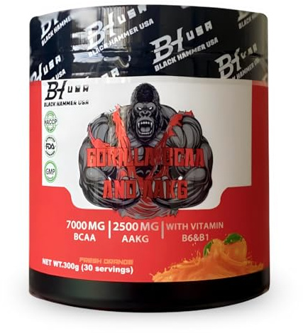 Gorilla BCAA & AAKG – 7000 mg BCAA + 2500 mg AAKG mit Vitamin B6 & B1 – Muskelaufbau, Ausdauer & Recovery – 300 g – Black Hammer USA (300 g, Orange)