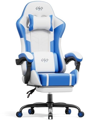 HLFURNIEU Sedia Gaming Massaggiante, Sedia Gamer con Poggiapiedi e Cuscino Lombare Massaggiante, Poltrona Gaming Regolabile in altezza, Schienale Regolabile 90°-135°, Portata 150kg (Bianco e Blu)