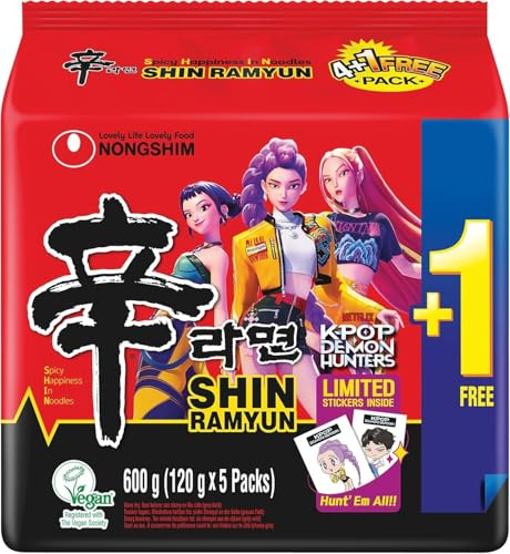 Nongshim Shin Ramyun Spicy Instant Noodles Pack of 5 (5 x 120g) Korean Ramen Multipack, Hot & Spicy Flavour, Quick Easy Meal, Authentic Asian Noodle Soup, Halal Certified, Bulk Value Grocery Pack | Brand JD