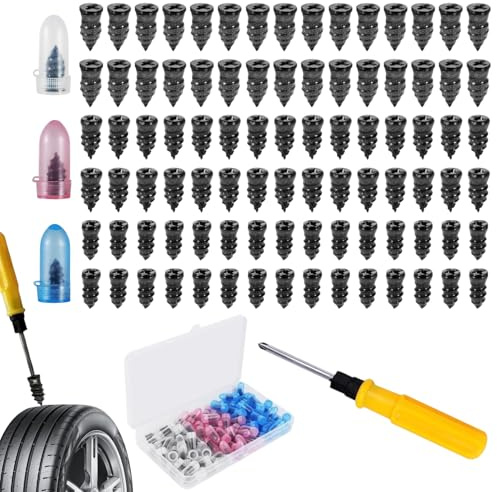 100 Stück Reifen Reparatur Nagel, Gummi Schlauchloses Reparaturset Auto | Gummi, 3 Größen Reifenreparatur-Gumminagel Vakuum Reifenreparaturset mit Schraubendreher für Motorrad Fahrrad