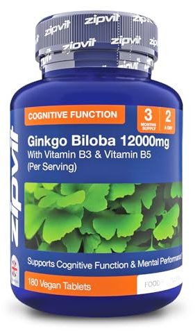 Zipvit High Strength Ginkgo Biloba 12000mg with Vitamins B3 & B5, 180 Vegan Tablets, Supports Memory, Focus, Brain Health & Cognitive Wellness, Standardised 50:1 Leaf Extract, 3 Months Supply.