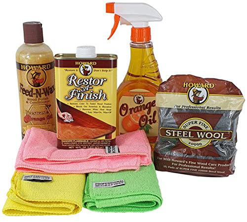 HOWARD Restor-A-Finish KIT Golden Oak Furniture Restoration Heat Ring and Water Mark Remover Polish Wax Orange Oil Cloths Gloves Fine Grade #0000 Steel Wool Pads Scratch Repair