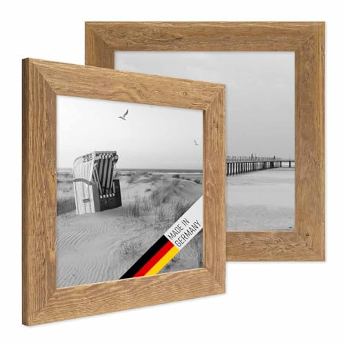 PHOTOLINI Bilderrahmen 20x20 cm Holz Eiche-Optik, 2er Set Echtholz-Rahmen rustikal, Strandhaus, Made in Germany, Echtglas, zum Aufhängen, extra Zubehör - Treibholzlook mit einem Hauch Küstenflair