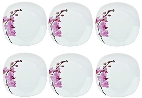 Van Well Kyoto Lot de 6 assiettes plates, 250 x 250 mm, grandes assiettes de service, vaisselle en porcelaine, décoration florale, orchidée, rose, rouge, rose