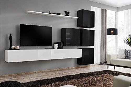 All4All Wohnwand SW 9 - Wohnzimmermöbel - Schrankwand für Wohnzimmer - Wohnzimmerschrank - Anbauwand - Wohnwand Hängend - Modern - Weiß+Schwarz 21