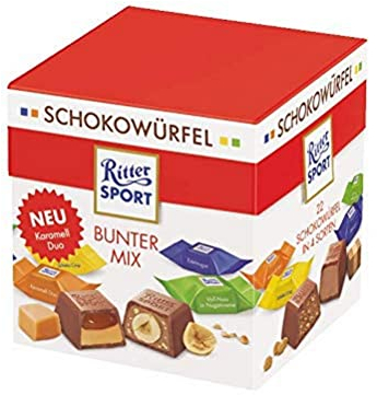 RITTER SPORT Schokowürfel Bunter Mix, 176 g, mini Schokoladen in Schoko Crisp, Karamell, Edelnugat und Voll-Nuss, leckeres Geschenk & Mitbringsel für Schoko-Freunde