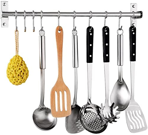 Petilleur Stainless Steel Kitchen Sliding Rail Hanging Rack, 23.6 Inch Wall Mount Utensil Organizer with 10 Removable S Hooks