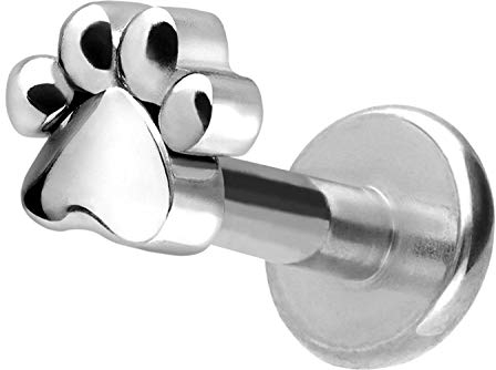 PIERCINGLINE Titan Labret mit Gewinde PFOTE Piercing Lippe Nase Ohr Helix Silberfarben 1,2 x 8 mm