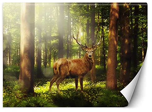 Feeby Vlies Fototapete Sonnenschein Hirsche 200x140 cm Grün Tapeten Wandekoration Wohnzimmer Schlafzimmer Büro Flur Bäume Natur Wald Tier