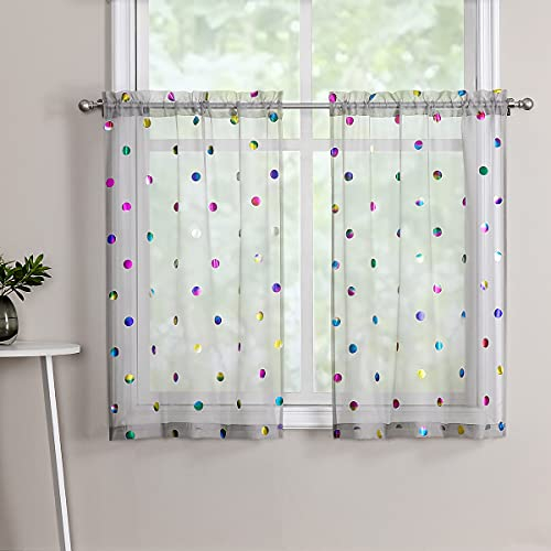 Urban Lotus Graue durchsichtige Stufenfenstervorhänge für Küche, 91,4 cm lang, bunt, metallisch gepunktet, Stufenvorhänge für Esszimmer, leichte Stangentaschenvorhang für Badezimmer, 71,1 cm breit, 2