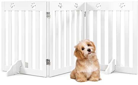 COSTWAY Foldable Pet Gate, Wooden Freestanding Dog Barrier with 360° Flexible Hinges, 60cm Step Over Safety Fence for Doorway, Stairs (152 x 60cm, White)