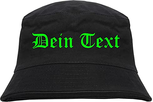 Individueller Fischerhut NEON - altdeutsch gerade - Bucket Hat mit Wunschtext Bedruckt Schwarz M