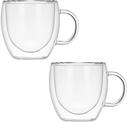 GoMDSA Tazas de café de cristal, paquete de 2, 5 onzas (150 ml), tazas de vidrio transparente aisladas de doble pared con asa, tazas grandes de café con café para capuchino o té