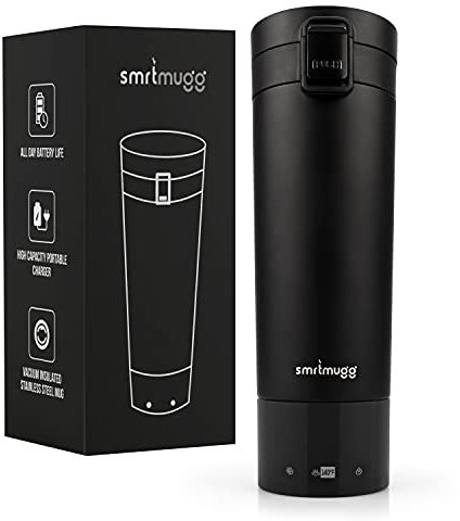 SMRTMUGG Heated Coffee Mug, All Day Battery Life, Battery Powered Travel Mug, Smart Mug, Great for Coffee and Tea, Fast Heating Technology, Portable Charger (Black 10 oz.)