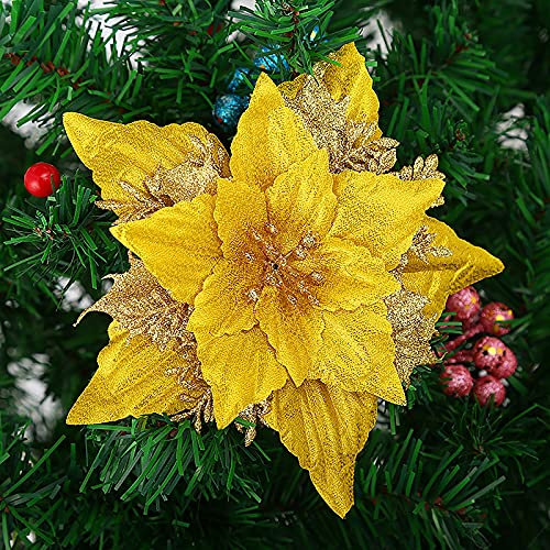YQYAZL 10pcs Christmas Glitter Poinsettia Artificial Flowers, Christmas Tree Ornaments Xmas Decorations for Home Wedding Party Wreath New Year Decor Yellow