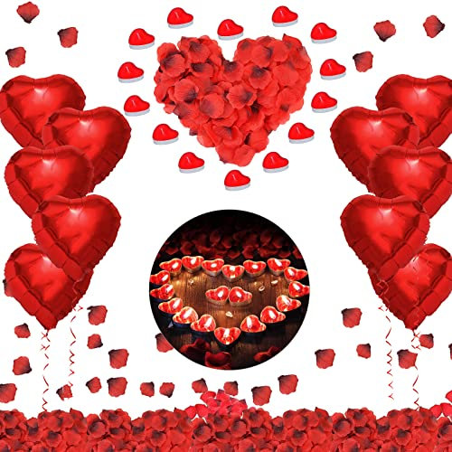 Gohytal Bougies Romantiques Set,Saint Valentin Romantique Décorations Set 1000 Pétales de Rose Artificiels,50 Bougies en Forme de Coeur,10 Ballons de Décoration pour Saint Valentin/Fiançailles/Mariage