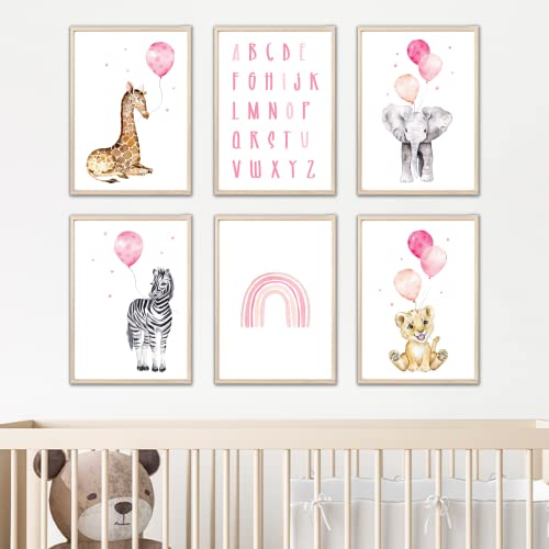 MeinBaby123® Poster Kinderzimmer | 6er Set DIN A4 Poster Set | Wandbilder | Tiere Luftballon | Deko Bilder Kinderzimmer | Babyzimmer Deko I Afrika (Tiere mit Luftballon rosa)
