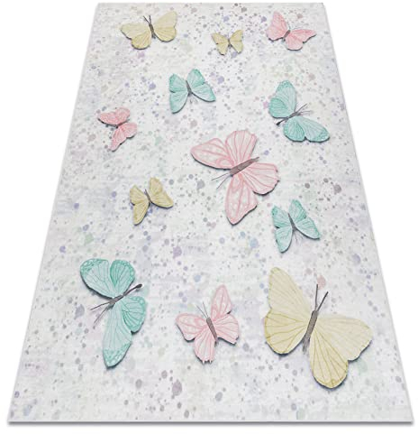 rugsx Bambino Kinderteppich mit Muster „Schmetterlinge” - Waschbar, Anti-Rutsch, Creme 80x150 cm