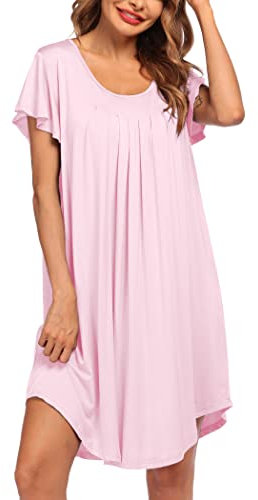 Ekouaer Femme Chemise de Nuit Plis Manches Courtes Robe de Nuit Grande Taille Casual Tee Shirt Nuit Vêtements de Nuit Modal, Rose, XXL
