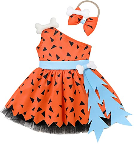 Baby Mädchen Fred Feuerstein Kostüm Kinder Historische Steinzeit Stone Age Halloween Verkleidung Faschingskostüme Prinzessin Kleid mit Bone Stirnband 1. Geburtstag Outfit Orange Mädchen 18-24 Monate