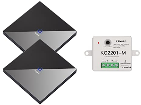 KTNNKG Set di interruttori della luce telecomando da 433 MHz – 1 ricevitore + 2 telecomandi touch in vetro | Senza cavo, installazione a parete, portata fino a 30 m, 10 A 220 V