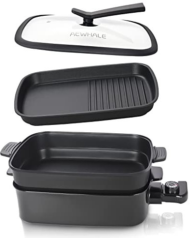 AEWHALE Grill elettrico multifunzione 2 in 1 per interni con piastra antiaderente rimovibile + pentola + coperchio, temperatura regolabile 1400 W