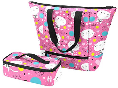 Große Tragetasche & Lunchbox Happy Cat Handtaschen + Isoliertaschen für Reisen, Arbeit, Schule, mehrfarbig, One Size