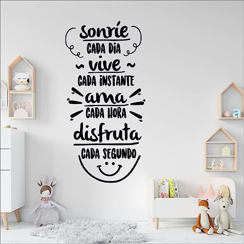 VINÍLATE vinilo adhesivo para decorar con frase “Sonríe cada día” | Color negro | 15x30 cm