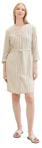 TOM TAILOR Damen Kleid mit Streifen & Bindegürtel, beige offwhite stripe, 44