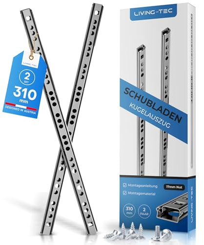 LIVING TEC® Schubladenschienen 310mm x 17mm Nut - 2Paar Gleitschiene inkl. Montageschrauben - Schubladenauszug - Schubladenauszüge - Auszugsschienen - Schienen für Schubladen Schienensystem - Auszüge
