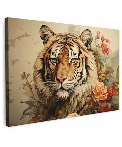 MuchoWow© Leinwand Bilder 90x60 cm Wanddeko Wohnzimmer Aesthetic Room Decor Deko Zimmer Wandbilder Modern Fotogeschenke Vintage - Tiger - Blumen - Tiere - Weiß