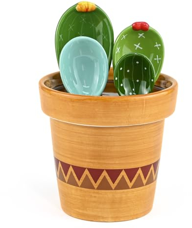 5Pcs Ceramic Cactus Measuring Spoons Set, Flower Pot Measuring Spoon Set Cute Measuring Cups and Spoons Set for Home Kitchen Dry Wet Measuring Liquid Food Salt, Sugar