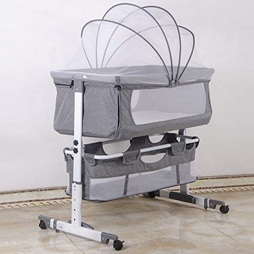 XDAILUYYDS Babybetten, Baby Beistellbett, mit Rollen Kinderbett, Reisebett Baby, Faltbare BabyBett für Baby mit weich Matratze, Tragbar, Baby-Spielbett mit Moskitonetz (92 * 58 * 70-90cm/grau weiß)