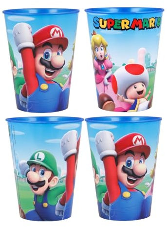Golddunes 4pc Cups 260ml Cartoon Character Drinking Party Pack, Tumbler Re-Usable Plastic (Red and Blue Mario)