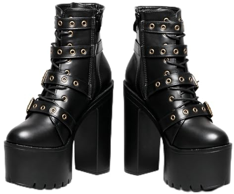 DEMONIA - Stivaletto con Tacco Gotico Rasha - Confortevole stivali neri in pelle con piattaforma da 6 cm e tacco da 15 cm, Nero , 38 EU