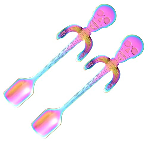 PRETYZOOM 2 x Totenkopf-Löffel, Eisteelöffel, Esslöffel, Teelöffel, Kaffeelöffel, Edelstahllöffel, Espressolöffel, Dessertlöffel, Rührlöffel, Edelstahl, Kuchenlöffel, vergoldet