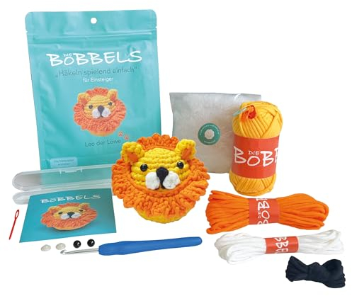 Die Bobbels“ Einsteiger Häkelset für Anfänger mit kinderleichtem Garn, Hilfsmitteln und Schritt-für-Schritt Videoanleitung (Löwe)