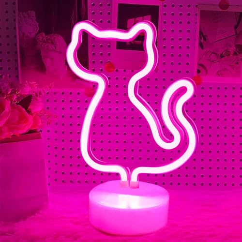 LED-Katze Neonlicht mit Basis, Rosa Cat Nachtlicht USB/Batterie Powered Nachttisch Neonlampen Dekorative für Kinderzimmer, Schlafzimmer, Wohnzimmer, Geburtstag, Weihnachtsfeier, Hochzeitsfeier Party