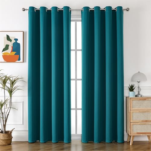 Freyamy Blickdicht Gardinen Wohnzimmer,Dicke Vorhänge mit Ösen,Weich Thermogardine Verdunkelung Ösenvorhang,Kälteschutz Warm Vorhänge für Schlafzimmer,Petrol Blau Vorhang 2er Set 244x132cm(HxB)