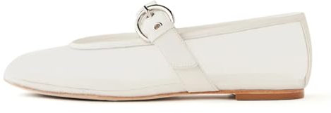 MICIFA Ballerinas für Damen mit Schnalle Riemen Mesh Perforiert Metall Nieten Mary Jane Bequeme Ballerina Flache Schuhe Metallic, Weiss/opulenter Garten, 42 EU