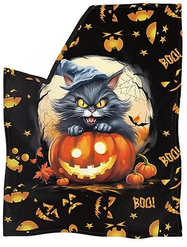 TradesForU Halloween-Decken, Jack O'Pumpkin, Hexe, Katze, bedruckt, Decke, Bettüberwurf, leicht, für Sofa, Couch, Zuhause, Büro, Wohnheim, Größe M