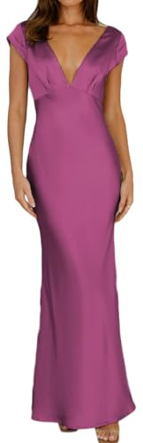 Halfisland - Vestido Largo de satén para Mujer, Cuello en V, Manga Casquillo, Espalda Descubierta, Elegante, Corte Torcido, Vestido Midi para invitada de Boda, Fucsia, XS
