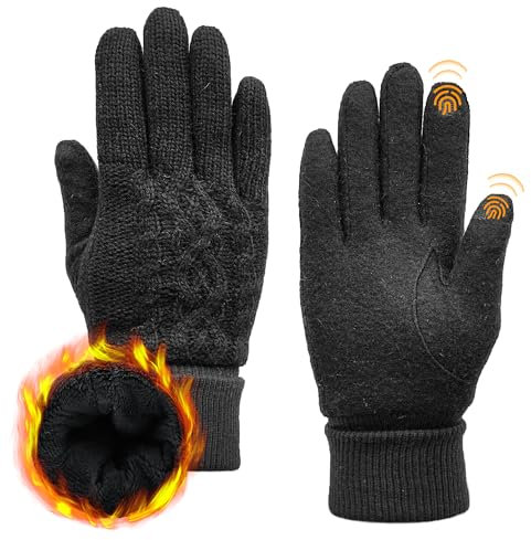 ACUSHLA-Handschuhe aus Merinowolle für Männer und Frauen – Fleecegefütterte, schwere, warme Touchscreen-Handschuhe für kaltes Wetter im Winter, weiche, thermische Strickhandschuhe Schwarz M
