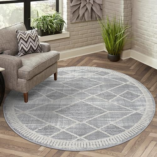 carpet city Teppich Kurzflor Wohnzimmer - Grau - 200 cm Rund - Raute-Muster, Meliert - 3D-Effekt - Moderne Teppiche Flachflor Schlafzimmer, Esszimmer