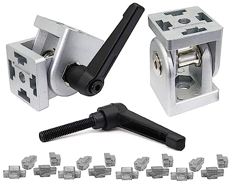 Aluminiumprofil Verbinder, 2 Stk. Scharnier Profil 4040 Verbinder | Für 40x40 Nut-8-Profile: 180° schwenkbar, per Klemmhebel arretierbar; 16 Nutensteine für flexible Rahmenverbindungen.