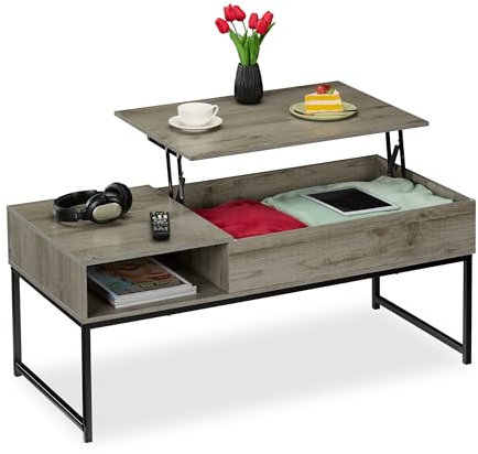 Relaxdays Couchtisch aufklappbar, HBT: 45x110x50 cm, Seitenfach, Wohnzimmertisch mit Stauraum, Holzoptik & Metall, grau