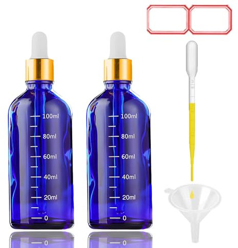 2 x 100ml Dropper Bottle Clear Glass Dropper Bottle with Dropper Pipettes, Refillable Sample Dropper Bottles with Funnel and Label for Essential Oil Blending, Perfumery (Blue, 2 x 100ml)