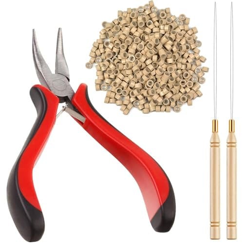Hair Extensions Tools Kit, Professional Hair Extensions Tools With Hair Extension Pliers, Loop Threader and 500 PCS Silicone Line Nano Beads, for Extending Hair Wearing Feather Accessories (Beige)